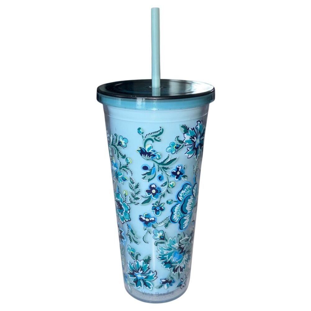 Vera Bradley Tumbler Cloud Vine Insulated Travel Cup Straw Blue Floral 24 oz
